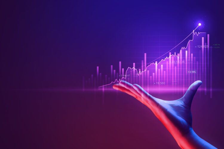 Businessman holding investment finance chart stock market business and exchange financial growth graph virtual technology economy digital analysis on success background with marketing data diagram.